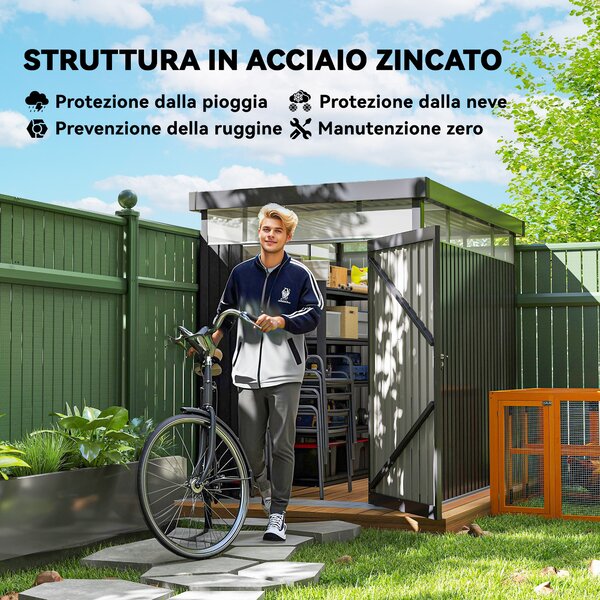 Outsunny Capanno da Giardino con Lucernario in Acrilico e Fori di Drenaggio, Casetta in Acciaio, 162x259x201 cm, Grigio Scuro | Aosom Italy