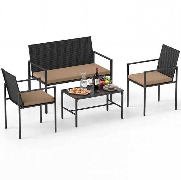 Costway Set di salotto da giardino a 4 pezzi in rattan con tavolino da caffè in vetro temperato, Poltrone da esterno per patio cortile Giallo