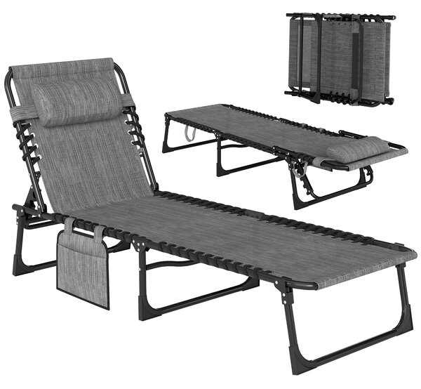 Outsunny Sdraio pieghevole prendisole schienale regolabile 5 posizioni poggiatesta removibile 189 x 58 x 30 cm grigio | Aosom Italy