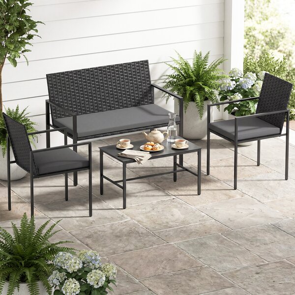Costway Set di salotto da giardino a 4 pezzi in rattan con tavolino da caffè in vetro temperato, Poltrone da esterno per patio cortile Grigio