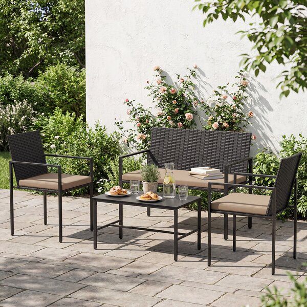Costway Set di salotto da giardino a 4 pezzi in rattan con tavolino da caffè in vetro temperato, Poltrone da esterno per patio cortile Giallo