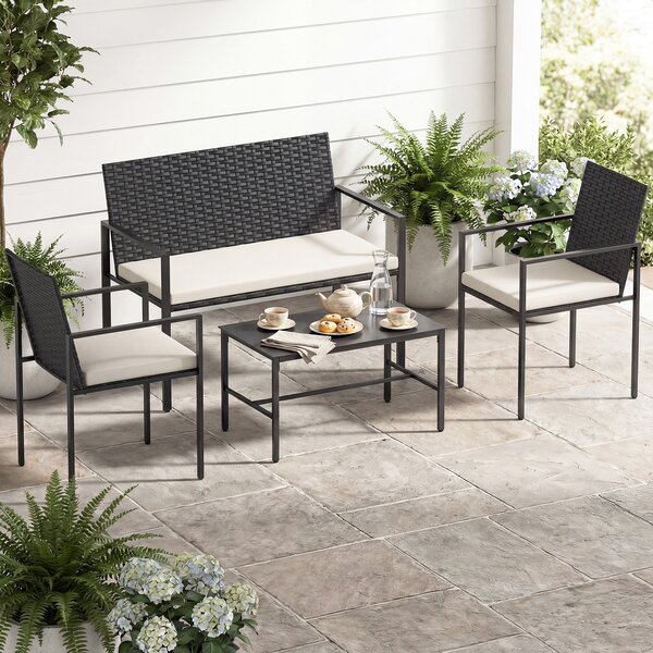 Costway Set di salotto da giardino a 4 pezzi in rattan con tavolino da caffè in vetro temperato, Poltrone da esterno per patio cortile Beige