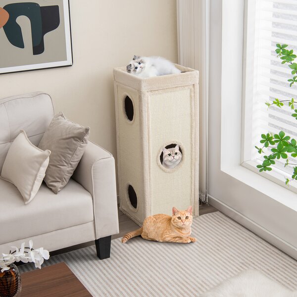 Costway Condominio per gatti alto 99 cm con trespoli per graffiare 3 nascondigli 4 morbidi cuscini in peluche, Casa per gatti a 4 piani Naturale