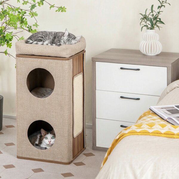 Costway Casetta per gatti a 3 piani con tiragraffi 2 scomparti coperti cuccia 3 materassini, Casa gatti moderna Beige
