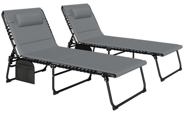 Outsunny Set da 2 sdraio pieghevoli lettino da giardino con cuscino schienale regolabile 5 posizioni tasca laterale Grigio scuro | Aosom Italy