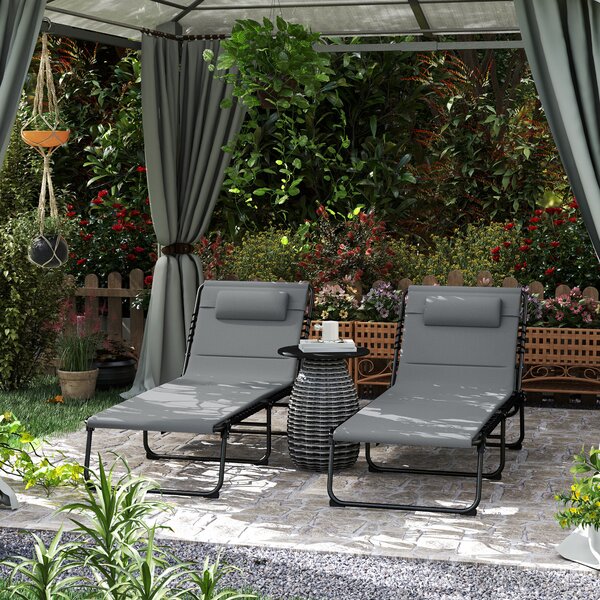 Outsunny Set da 2 sdraio pieghevoli lettino da giardino con cuscino schienale regolabile 5 posizioni tasca laterale Grigio scuro | Aosom Italy