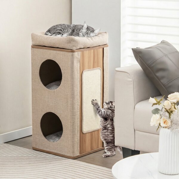 Costway Casetta per gatti a 3 piani con tiragraffi 2 scomparti coperti cuccia 3 materassini, Casa gatti moderna Beige