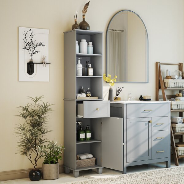 Costway Mobile bagno alto mobiletto stretto da pavimento con 3 ripiani aperti, Mobile unità di stoccaggio indipendente Grigio