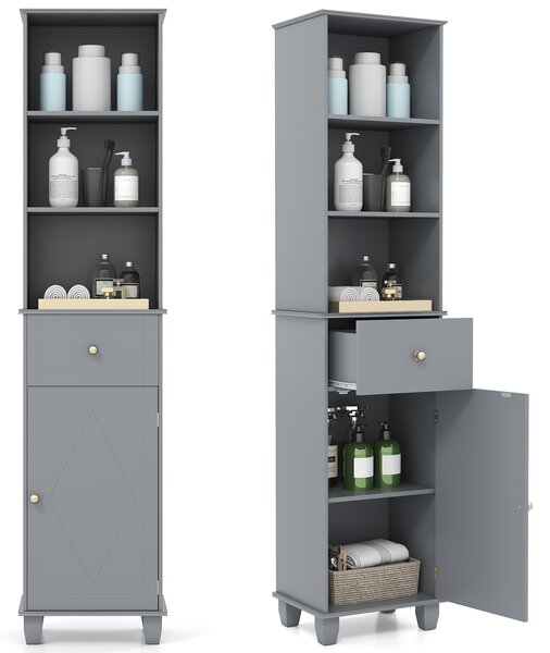 Costway Mobile bagno alto mobiletto stretto da pavimento con 3 ripiani aperti, Mobile unità di stoccaggio indipendente Grigio