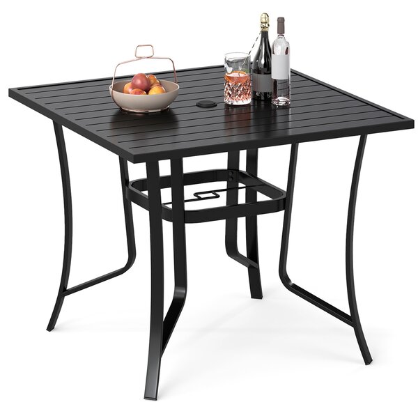 Costway Tavolino da giardino in metallo con foro per ombrellone e tappo per foro, Tavolo per patio cortile e bordo piscina 90 x 90 cm Nero