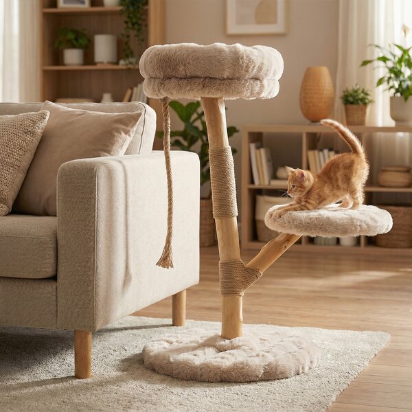 Costway Torre moderna per gatti in legno con piattaforme in iuta naturale, Albero per gatti 92 cm corda in iuta Beige