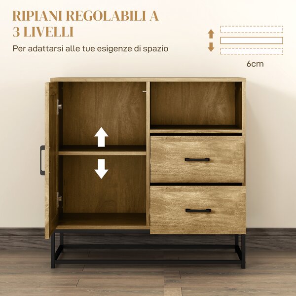 HOMCOM Credenza Moderna Multiuso da cucina con 2 Cassetti, Armadietto Regolabile e Ripiano Aperto, in Legno e Acciaio, 80x40x78cm, Marrone|Aosom Italy