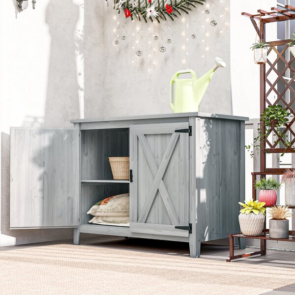 Outsunny Armadio da giardino in legno, armadio da esterno con mensole e doppie porte, 110 x 60 x 88,5 cm, grigio chiaro | Aosom Italy