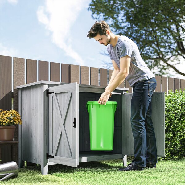 Outsunny Armadio da giardino in legno, armadio da esterno con mensole e doppie porte, 110 x 60 x 88,5 cm, grigio chiaro | Aosom Italy