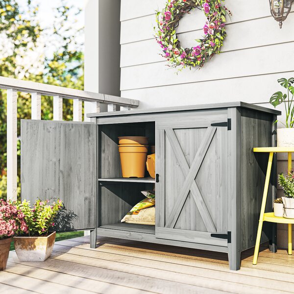 Outsunny Armadio da giardino in legno, armadio da esterno con mensole e doppie porte, 110 x 60 x 88,5 cm, grigio chiaro | Aosom Italy