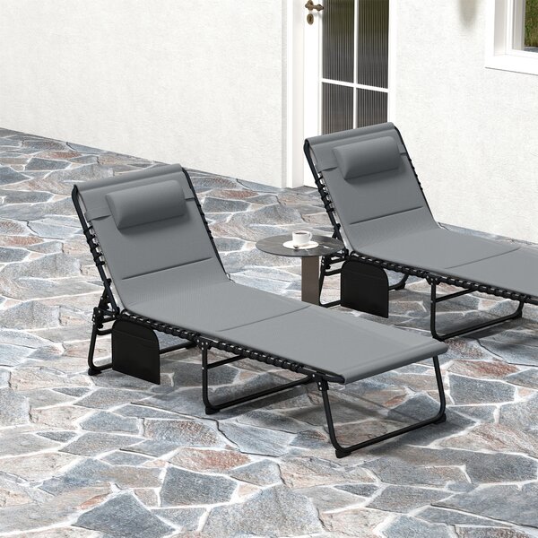 Outsunny Set da 2 sdraio pieghevoli lettino da giardino con cuscino schienale regolabile 5 posizioni tasca laterale Grigio scuro | Aosom Italy