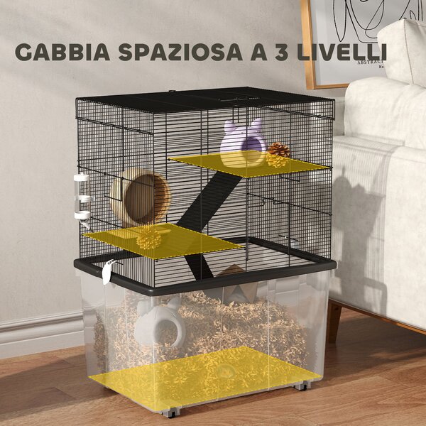 PawHut Gabbia per Criceti 3 Piani con Ruote, 2 Piattaforme, Rampe, Ciotola e Bottiglia, 58x43x74 cm, Nero