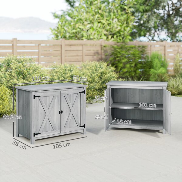 Outsunny Armadio da giardino in legno, armadio da esterno con mensole e doppie porte, 110 x 60 x 88,5 cm, grigio chiaro | Aosom Italy