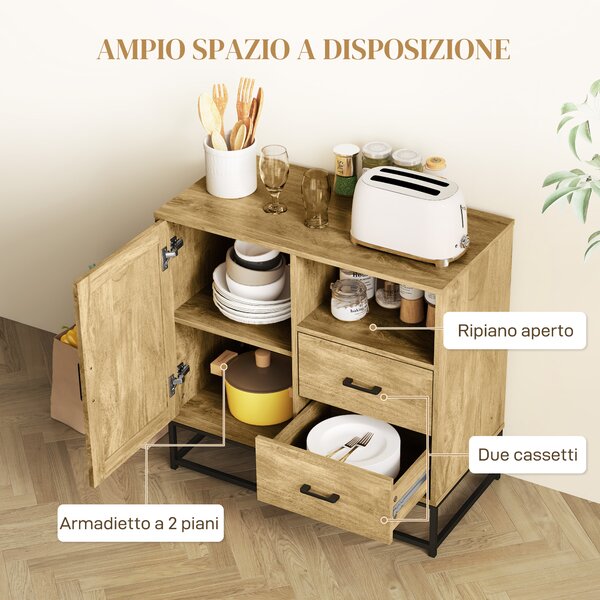 HOMCOM Credenza Moderna Multiuso da cucina con 2 Cassetti, Armadietto Regolabile e Ripiano Aperto, in Legno e Acciaio, 80x40x78cm, Marrone|Aosom Italy