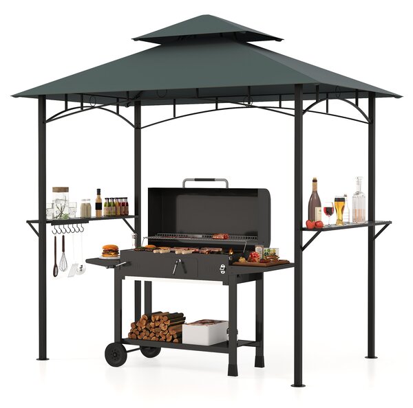 Costway Gazebo barbecue copertura doppio strato con 2 ripiani 7 ganci, Tenda per picnic e barbecue per giardino piscina e terrazza Grigio