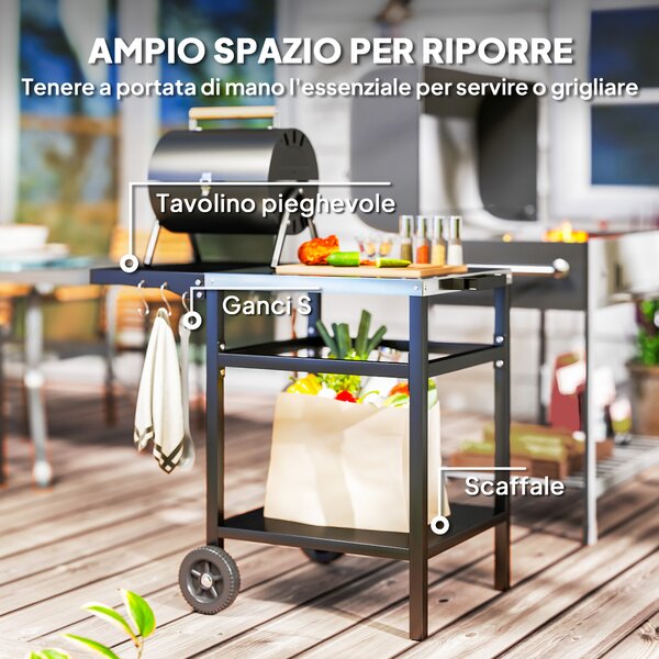 Outsunny Carrello per Barbecue con Piano in Acciaio e Ripiano Richiudibile, Ruote e Ganci, 91x58x76 cm, Nero