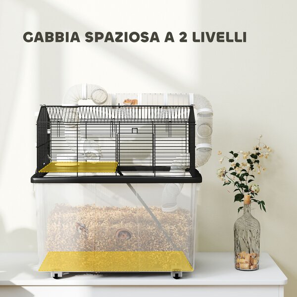 PawHut Gabbia per Criceti a 2 Piani con Ruote, Tubi, Ciotola, Bottiglia e Rampa, 58x43x57 cm, Nero