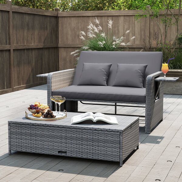 Costway Divano letto in rattan per patio con schienale regolabile e tavolini pieghevoli, Set 2 pezzi con divanetto e pouf per giardino e piscina Grigio 