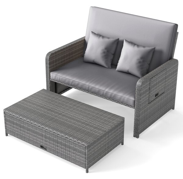 Costway Divano letto in rattan per patio con schienale regolabile e tavolini pieghevoli, Set 2 pezzi con divanetto e pouf per giardino e piscina Grigio 