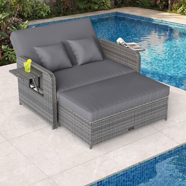 Costway Divano letto in rattan per patio con schienale regolabile e tavolini pieghevoli, Set 2 pezzi con divanetto e pouf per giardino e piscina Grigio 