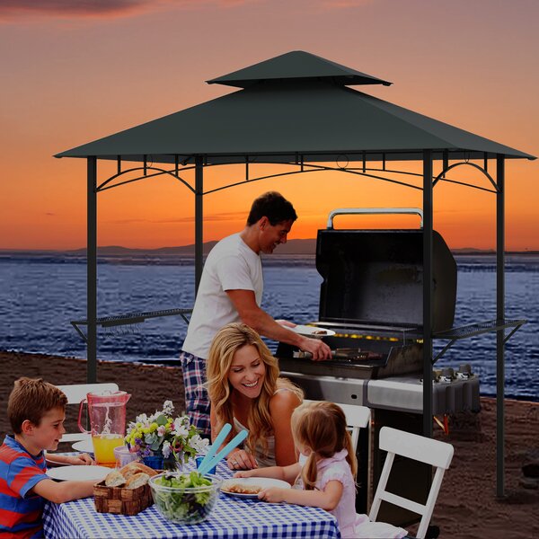 Costway Gazebo barbecue copertura doppio strato con 2 ripiani 7 ganci, Tenda per picnic e barbecue per giardino piscina e terrazza Grigio