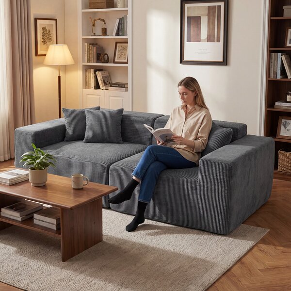 Costway Divano senza ossatura da 204 cm in velluto e schienale 4 cuscini aggiuntivi, Divanetto per camera da letto e soggiorno Grigio