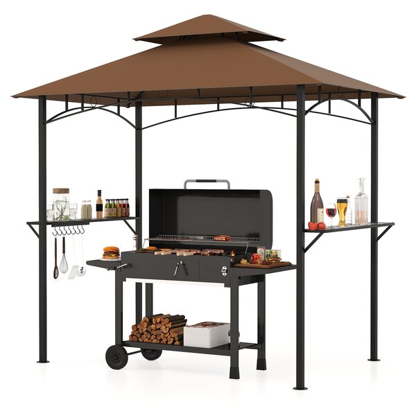 Costway Gazebo barbecue copertura doppio strato con 2 ripiani 7 ganci, Tenda per picnic e barbecue per giardino piscina e terrazza Caffè