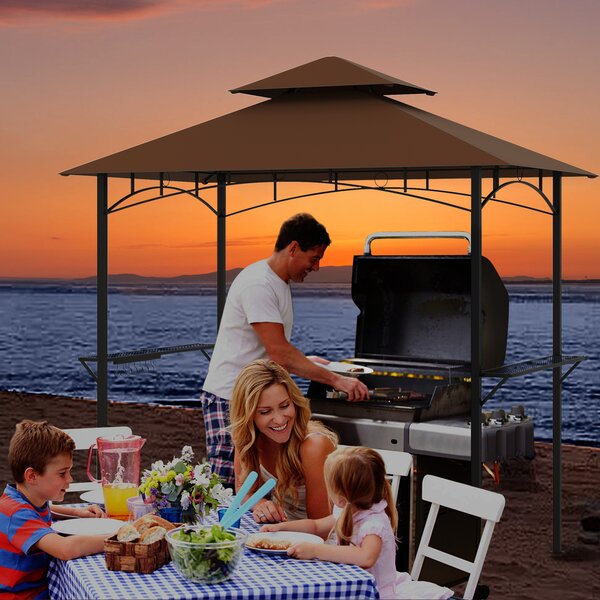 Costway Gazebo barbecue copertura doppio strato con 2 ripiani 7 ganci, Tenda per picnic e barbecue per giardino piscina e terrazza Caffè