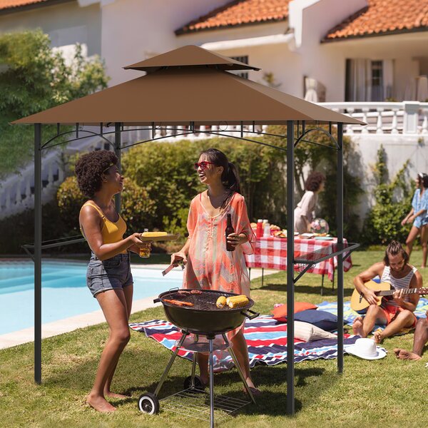Costway Gazebo barbecue copertura doppio strato con 2 ripiani 7 ganci, Tenda per picnic e barbecue per giardino piscina e terrazza Caffè