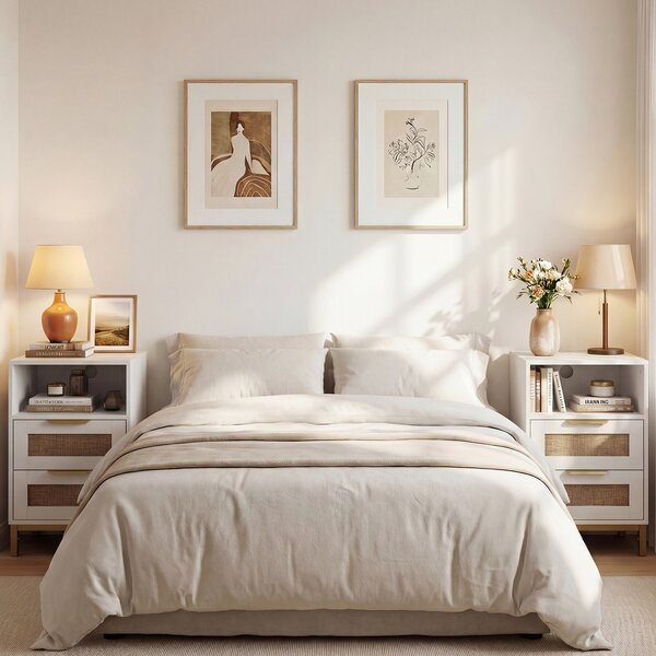 Costway Set di 2 comodini rattan stazione ricarica tavolino letto boho, Comodino ripiano aperto 2 cassetti gambe metallo camera soggiorno ingresso Bianco