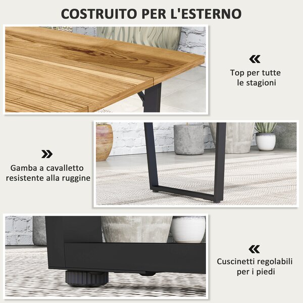 Outsunny Tavolo da Giardino Rettangolare a 6 Posti con Foro per Ombrellone, Legno e Acciaio, 175x80x75 cm, Marrone