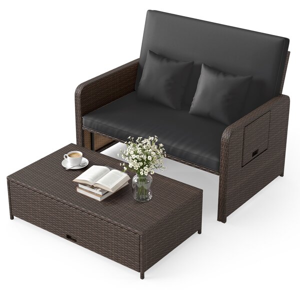 Costway Divano letto in rattan per patio con schienale regolabile e tavolini laterali pieghevoli, Set 2 pezzi con divanetto e pouf per giardino e piscina Nero