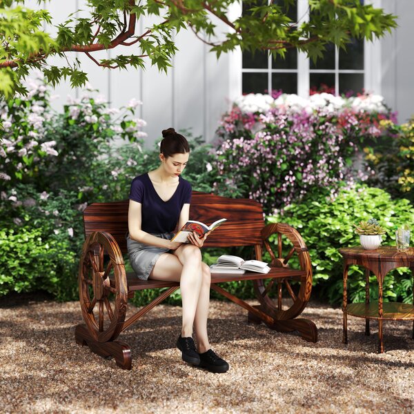 Outsunny Panca da giardino 2 posti con braccioli a ruota, panca rustica da esterno per terrazza, veranda, legno di abete, marrone | Aosom Italy