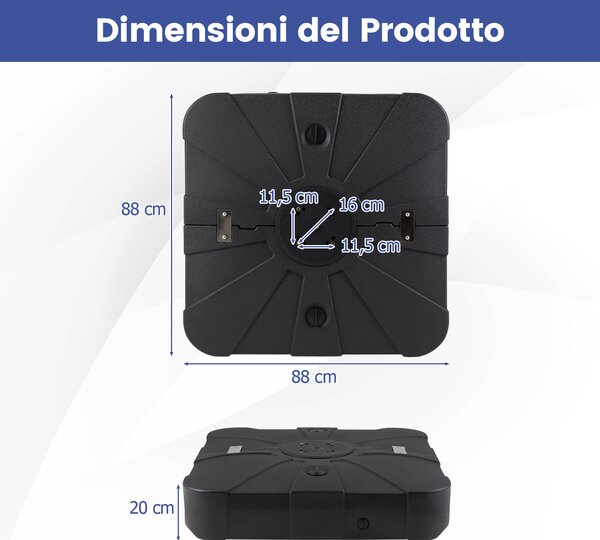 Costway Base per ombrellone da esterno con braccio a cantiere da 170 kg, Base quadrata con ruote riempibile per giardino Nero
