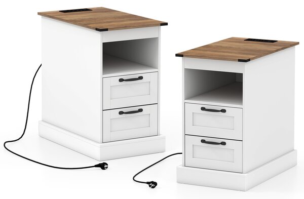 Costway Set di 2 comodini rustico stazione ricarica tavolino stretto mensola aperta 2 cassetti, Comodino camera letto soggiorno dormitorio Bianco