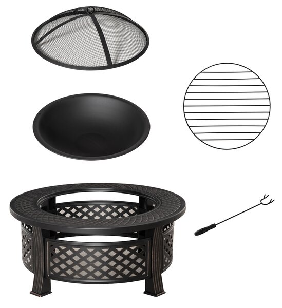 Outsunny Braciere con Attizzatoio Parascintille Cesto del Fuoco Tavolo da Fuoco rotondo Focolare per Giardino Campeggio BBQ Acciaio Nero 81 x 81 x 50 cm | Aosom Italy