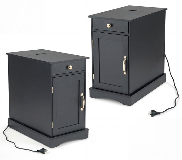 Costway Set di 2 tavolini legno stazione ricarica comodino stretto cassetto armadietto, Tavolino ripiano regolabile soggiorno camera spazi piccoli Nero