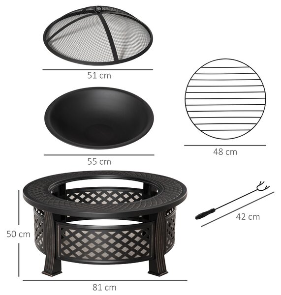 Outsunny Braciere con Attizzatoio Parascintille Cesto del Fuoco Tavolo da Fuoco rotondo Focolare per Giardino Campeggio BBQ Acciaio Nero 81 x 81 x 50 cm | Aosom Italy