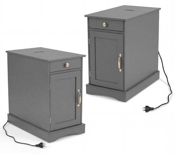 Costway Set di 2 tavolini legno stazione ricarica comodino stretto cassetto armadietto, Tavolino ripiano regolabile soggiorno camera spazi piccoli Grigio