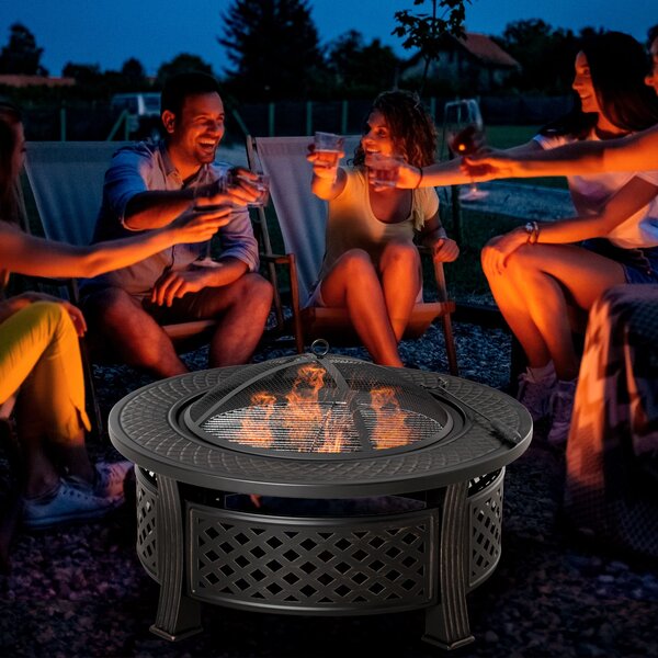 Outsunny Braciere con Attizzatoio Parascintille Cesto del Fuoco Tavolo da Fuoco rotondo Focolare per Giardino Campeggio BBQ Acciaio Nero 81 x 81 x 50 cm | Aosom Italy