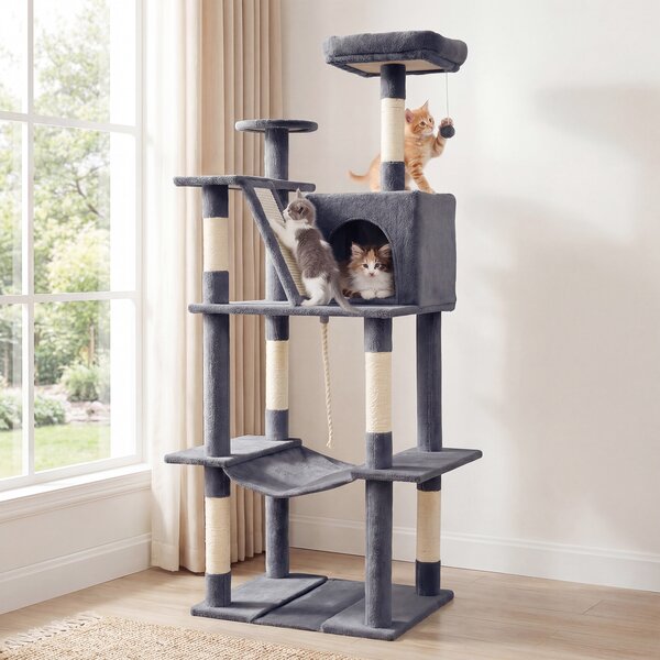 Costway Torre per gatti interno alta 158cm con tiragraffi in sisal e trespolo di peluche, Struttura grande per gattini con grotta amaca e giochi pendenti Grigio scuro
