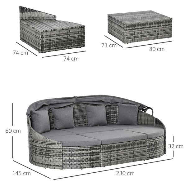 Outsunny Isola Relax in Rattan 4 pezzi con Tendalino Set Salotto 4 Cuscini Metallo Grigio 230 x 145 x 80 cm | Aosom Italy
