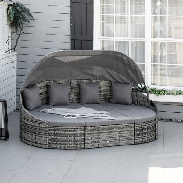 Outsunny Isola Relax in Rattan 4 pezzi con Tendalino Set Salotto 4 Cuscini Metallo Grigio 230 x 145 x 80 cm | Aosom Italy