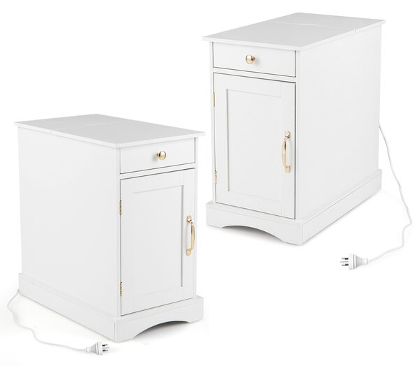 Costway Set di 2 tavolini legno stazione ricarica comodino stretto cassetto armadietto, Tavolino ripiano regolabile soggiorno camera spazi piccoli Bianco
