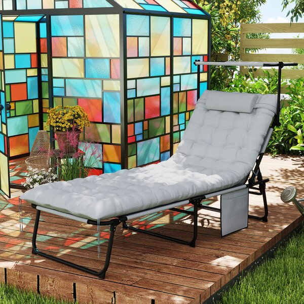 Outsunny Lettino prendisole pieghevole da giardino con tettuccio e materassino, sedia reclinabile con schienale regolabile in 4 posizioni, grigio chiaro | Aosom Italy